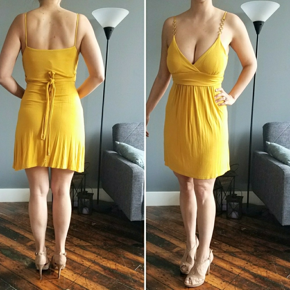 Mustard dress with gold straps